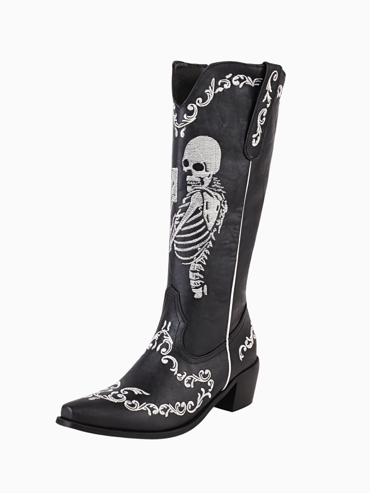 Knee high cowboy boots for women with skeleton embroidery and pull-on design