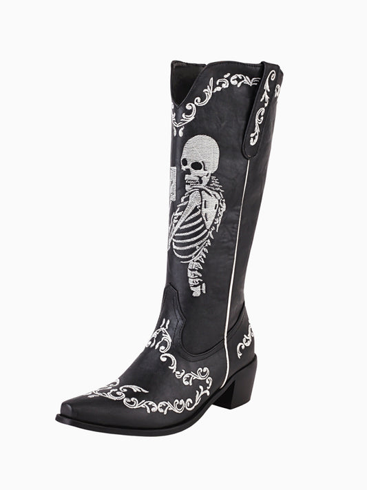 Knee high cowboy boots for women with skeleton embroidery and pull-on design