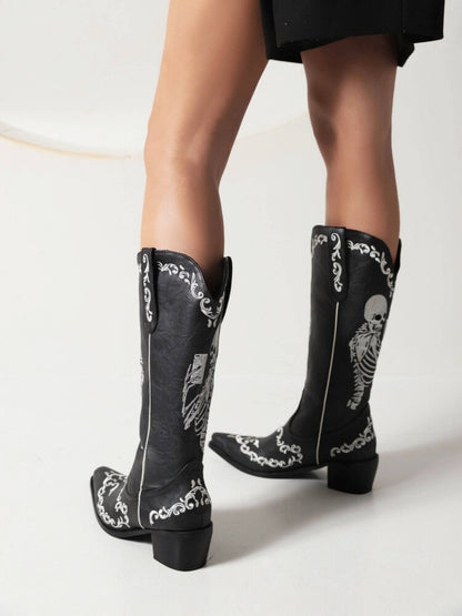 Knee high cowboy boots for women with skeleton embroidery and pull-on design