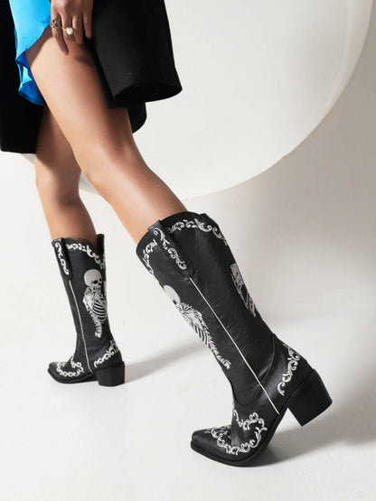 Knee high cowboy boots for women with skeleton embroidery and pull-on design