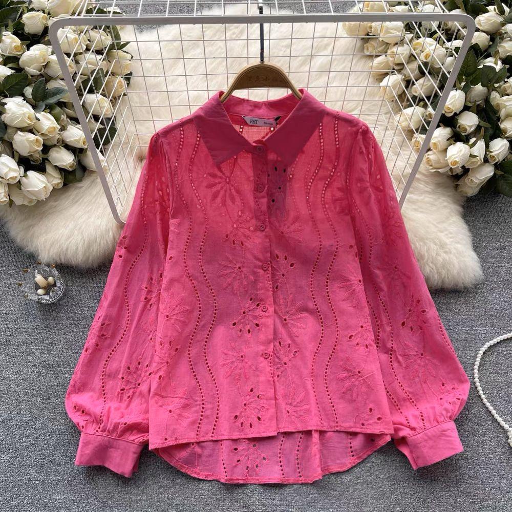 Eyelet shirts for women with button down front, relaxed fit and curved high low hem