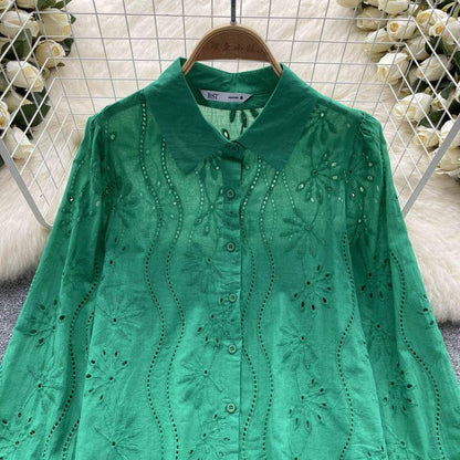 Eyelet shirts for women with button down front, relaxed fit and curved high low hem