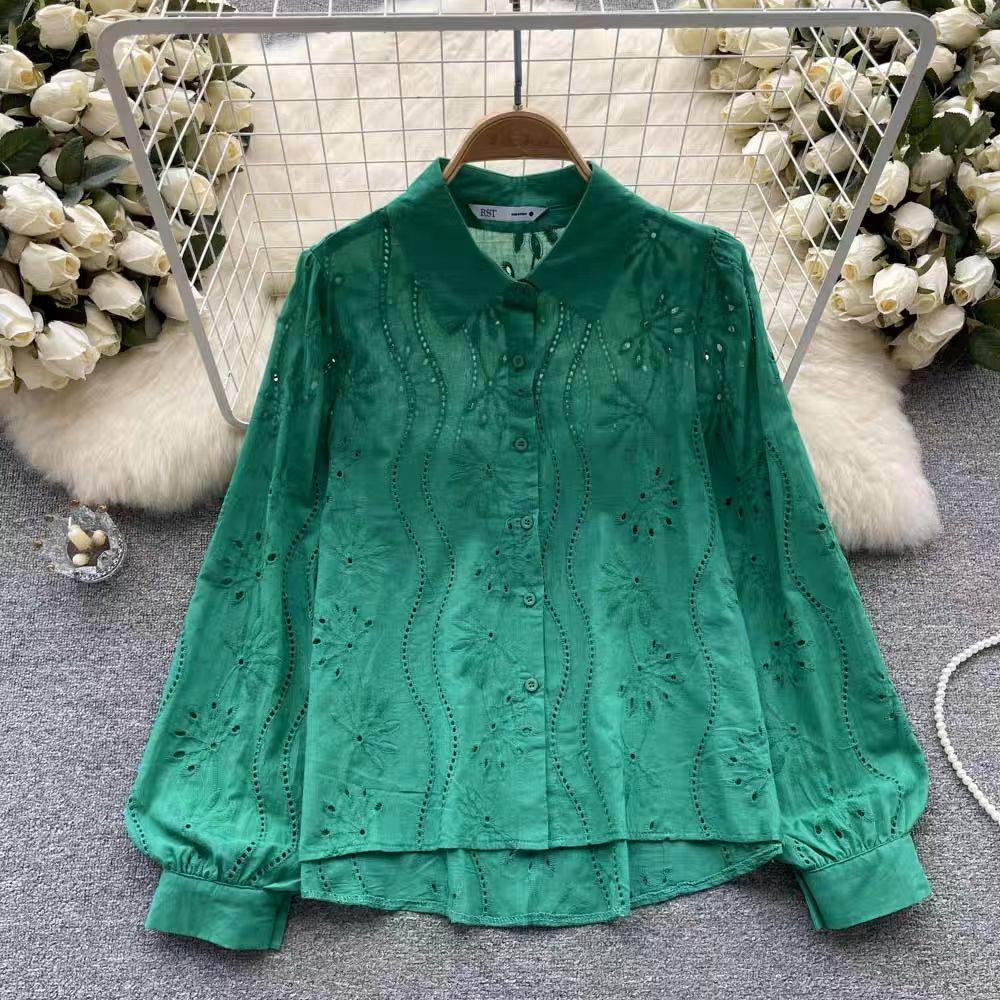 Eyelet shirts for women with button down front, relaxed fit and curved high low hem