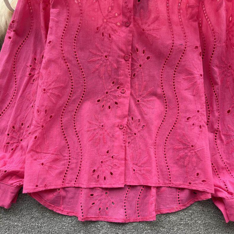 Eyelet shirts for women with button down front, relaxed fit and curved high low hem