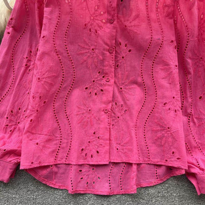 Eyelet shirts for women with button down front, relaxed fit and curved high low hem