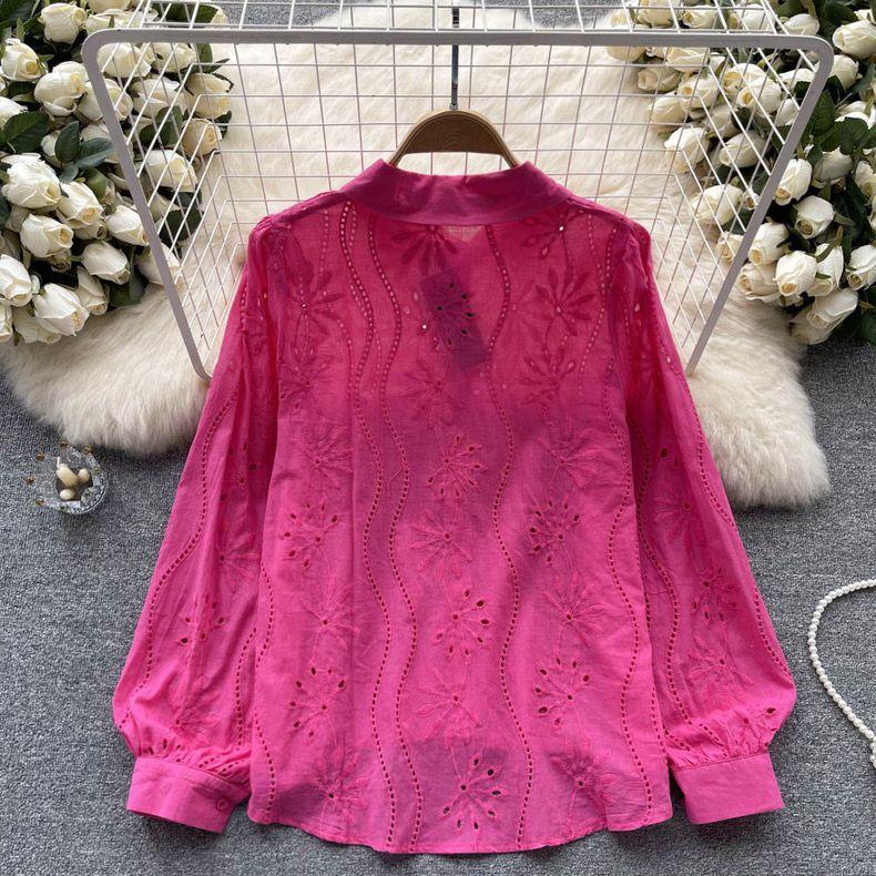 Eyelet shirts for women with button down front, relaxed fit and curved high low hem