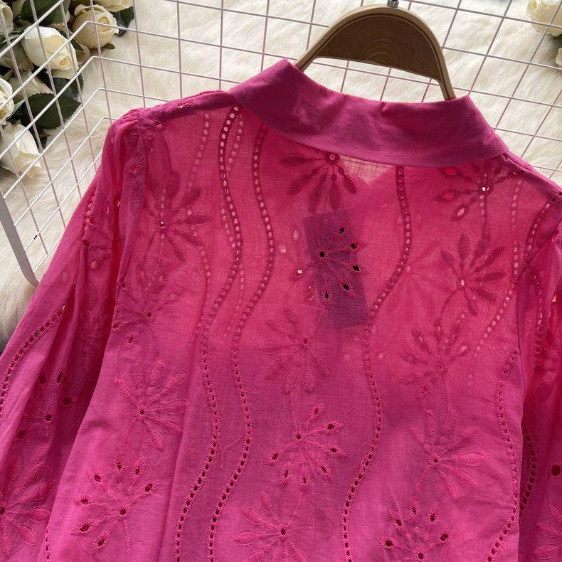 Eyelet shirts for women with button down front, relaxed fit and curved high low hem