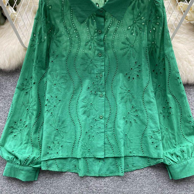 Eyelet shirts for women with button down front, relaxed fit and curved high low hem