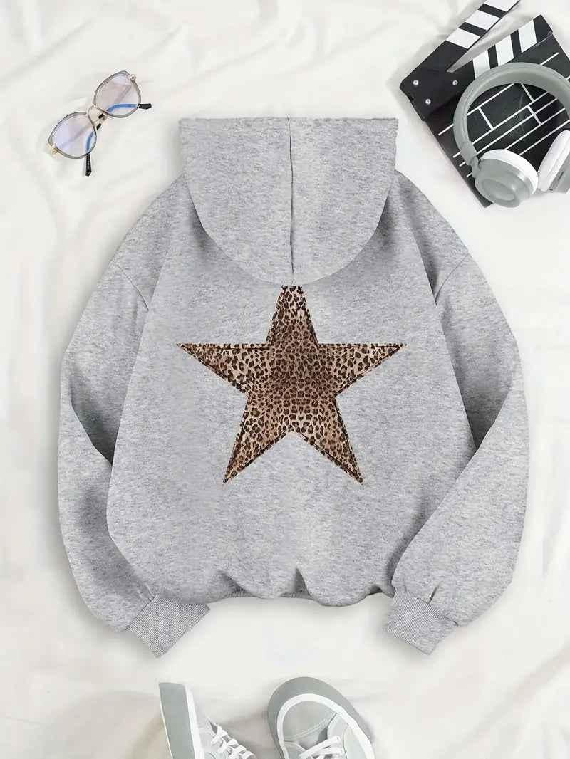 Hoodies for women with oversized fit and leopard print star on back
