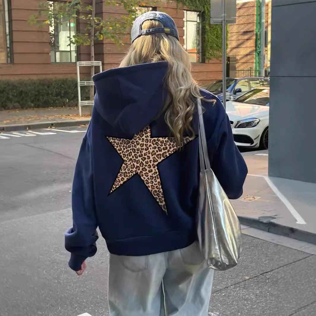Hoodies for women with oversized fit and leopard print star on back