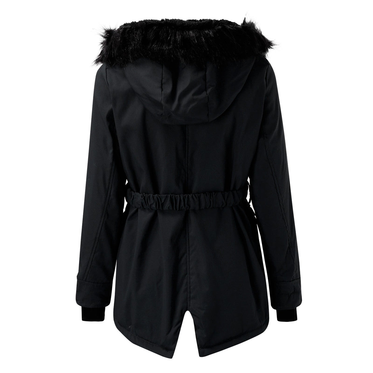 Hooded puffer jacket for women with faux fur trim and drawstring waist