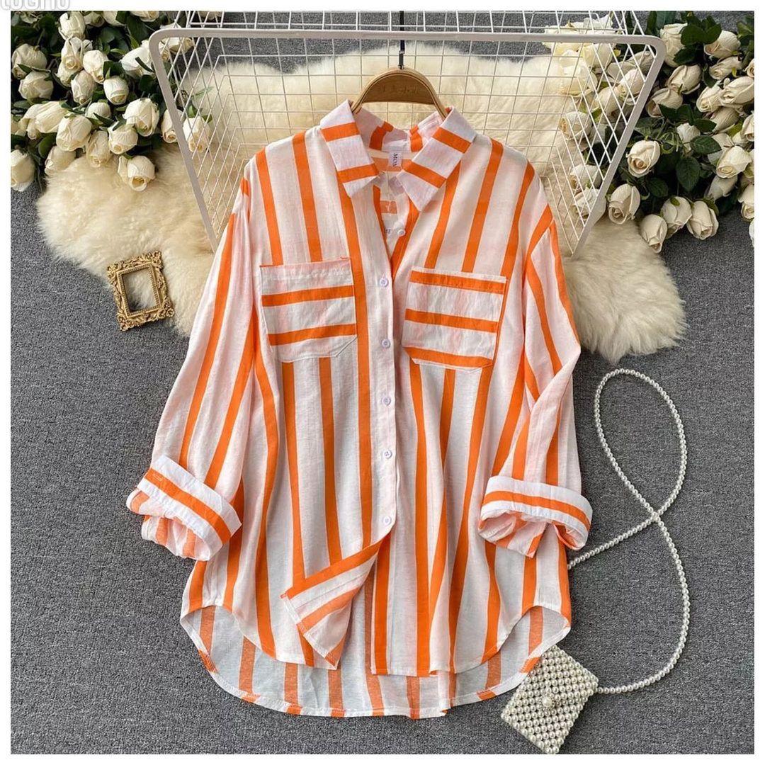 Striped shirts for women with long sleeves and chest pockets
