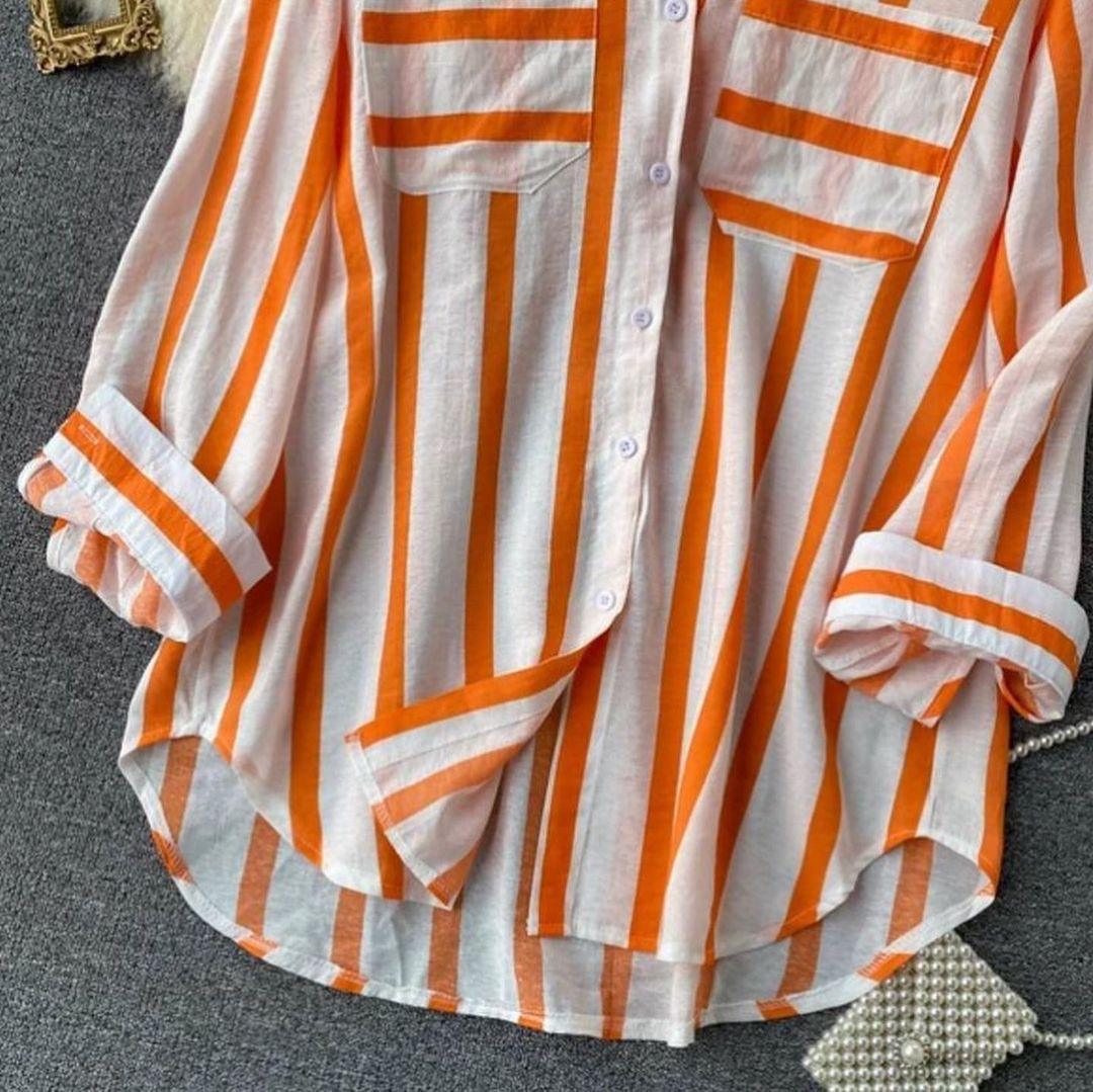 Striped shirts for women with long sleeves and chest pockets
