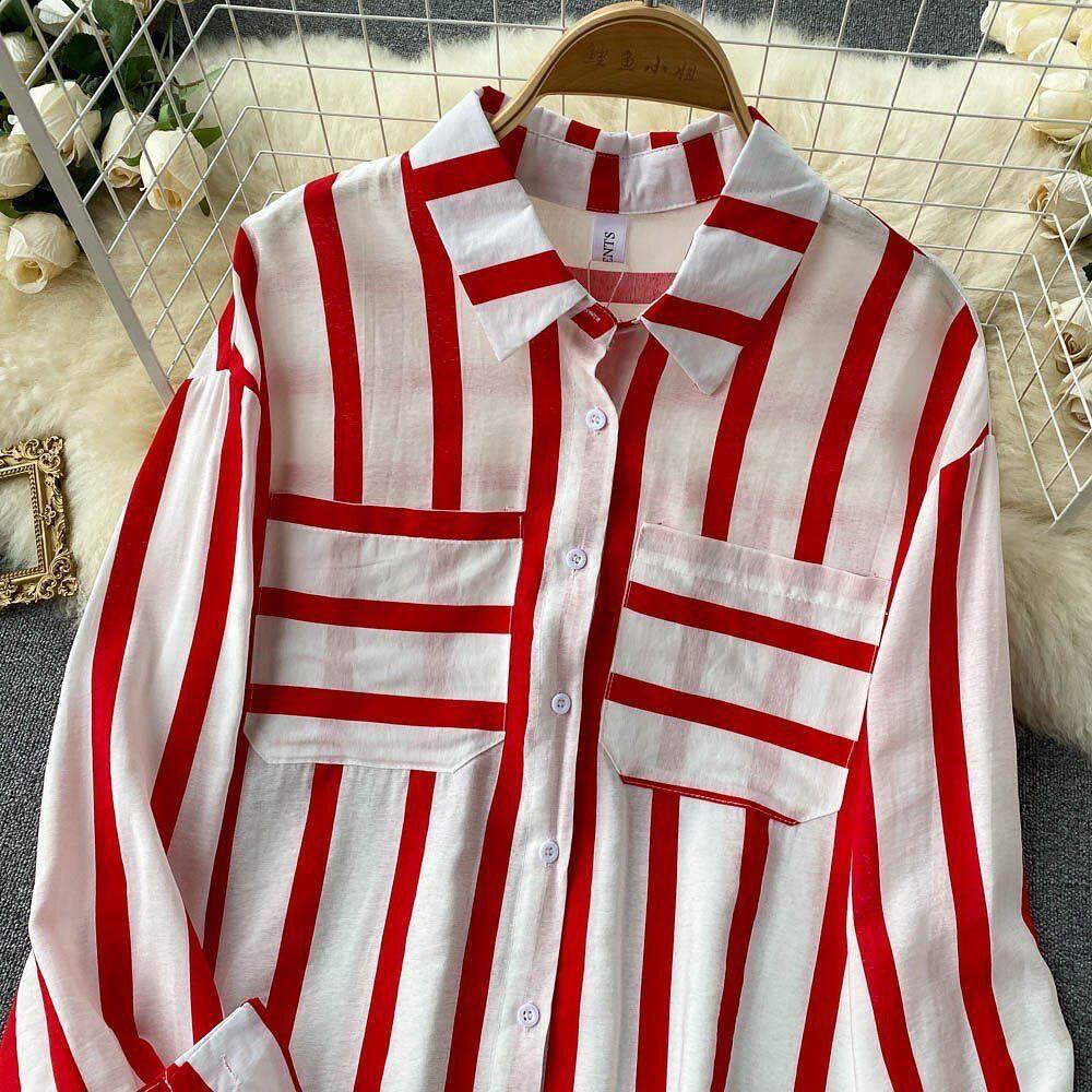 Striped shirts for women with long sleeves and chest pockets