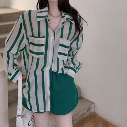 Striped shirts for women with long sleeves and chest pockets