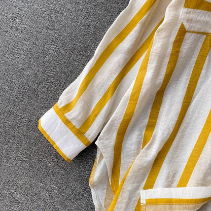Striped shirts for women with long sleeves and chest pockets