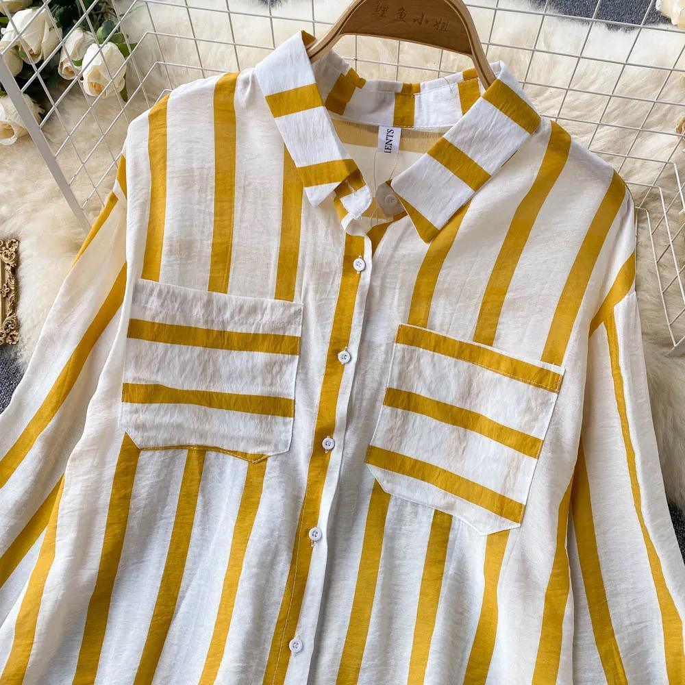 Striped shirts for women with long sleeves and chest pockets