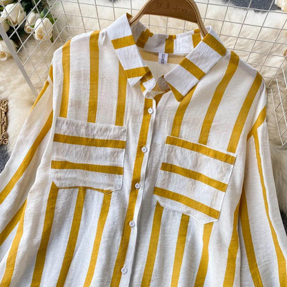 Striped shirts for women with long sleeves and chest pockets