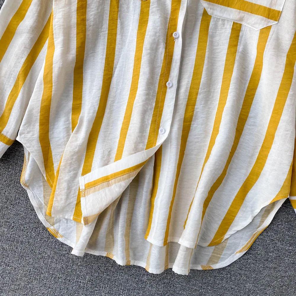Striped shirts for women with long sleeves and chest pockets