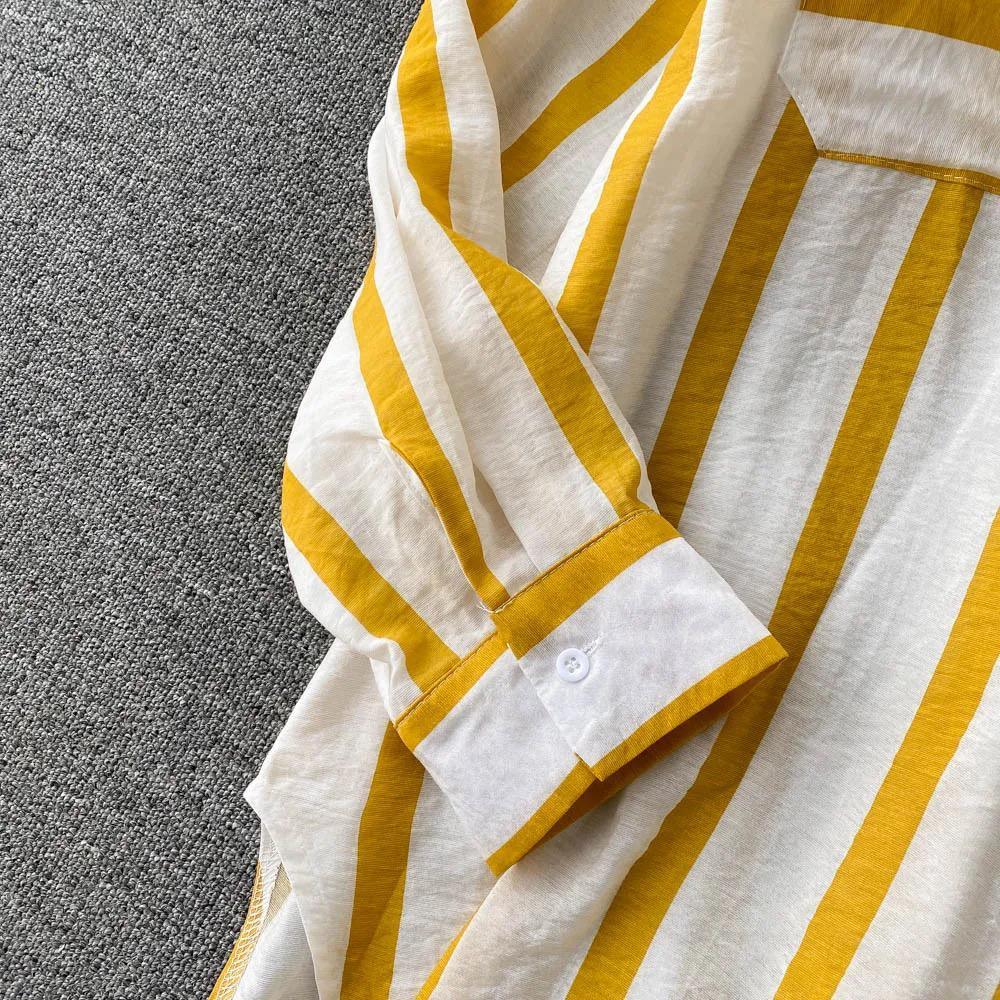 Striped shirts for women with long sleeves and chest pockets
