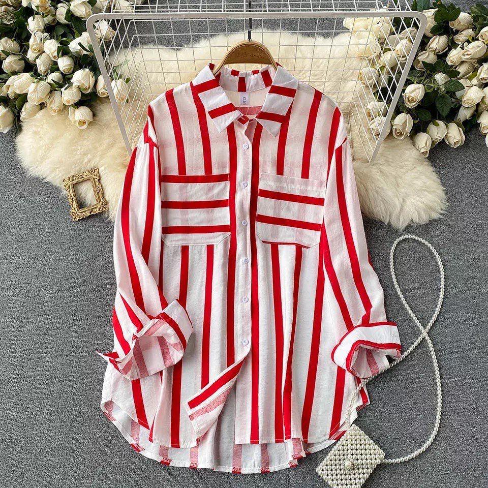 Striped shirts for women with long sleeves and chest pockets