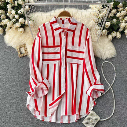 Striped shirts for women with long sleeves and chest pockets