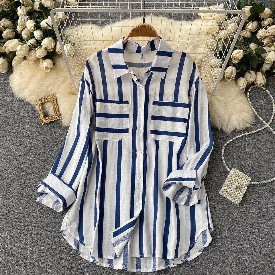 Striped shirts for women with long sleeves and chest pockets