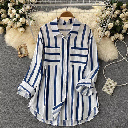 Striped shirts for women with long sleeves and chest pockets