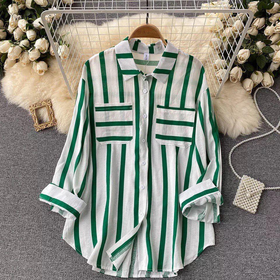 Striped shirts for women with long sleeves and chest pockets