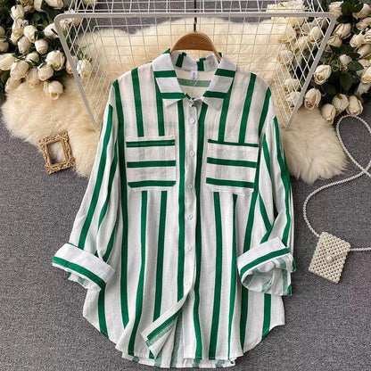 Striped shirts for women with long sleeves and chest pockets