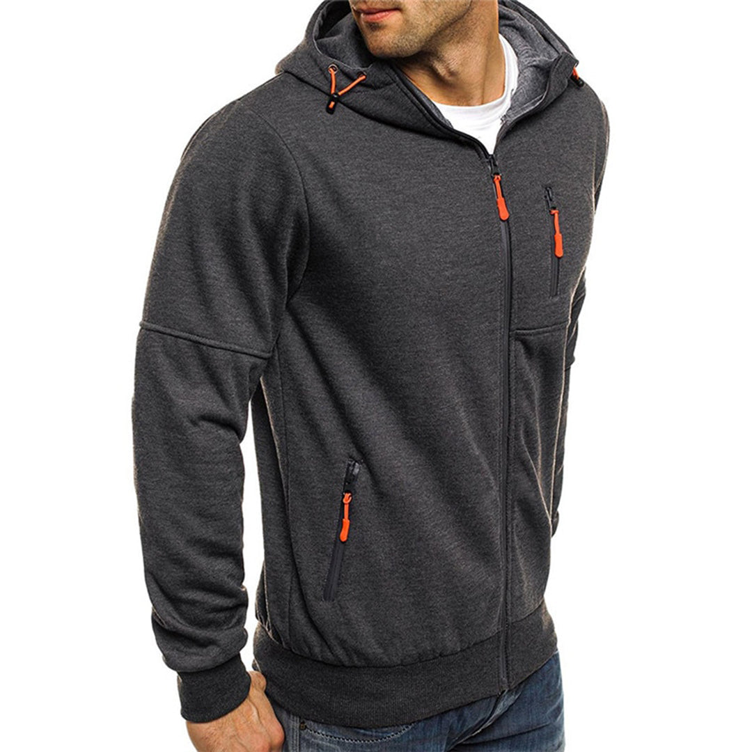 Mens hoodies with zip up front and hood, zip pockets for men