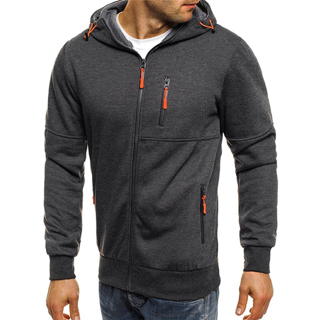 Mens hoodies with zip up front and hood, zip pockets for men