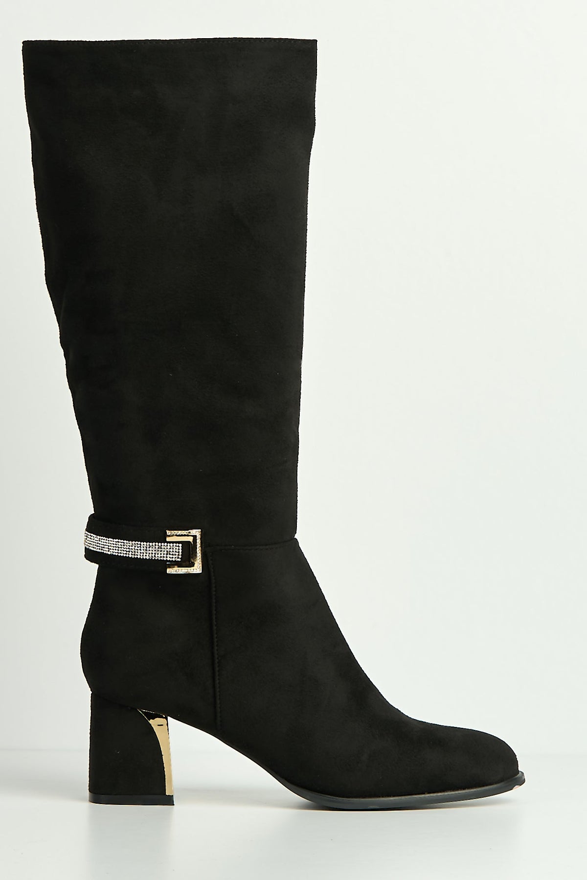 Knee high boots for women with block heel and rhinestone trim