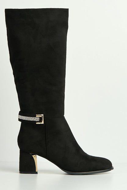 Knee high boots for women with block heel and rhinestone trim