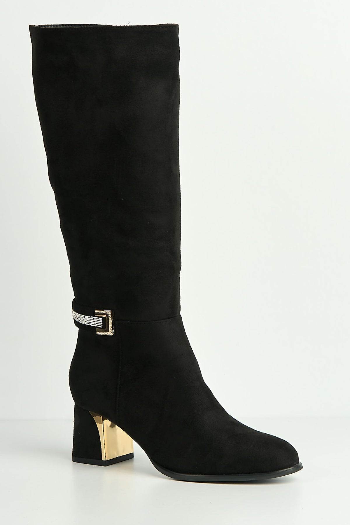 Knee high boots for women with block heel and rhinestone trim