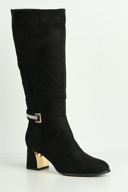Knee high boots for women with block heel and rhinestone trim