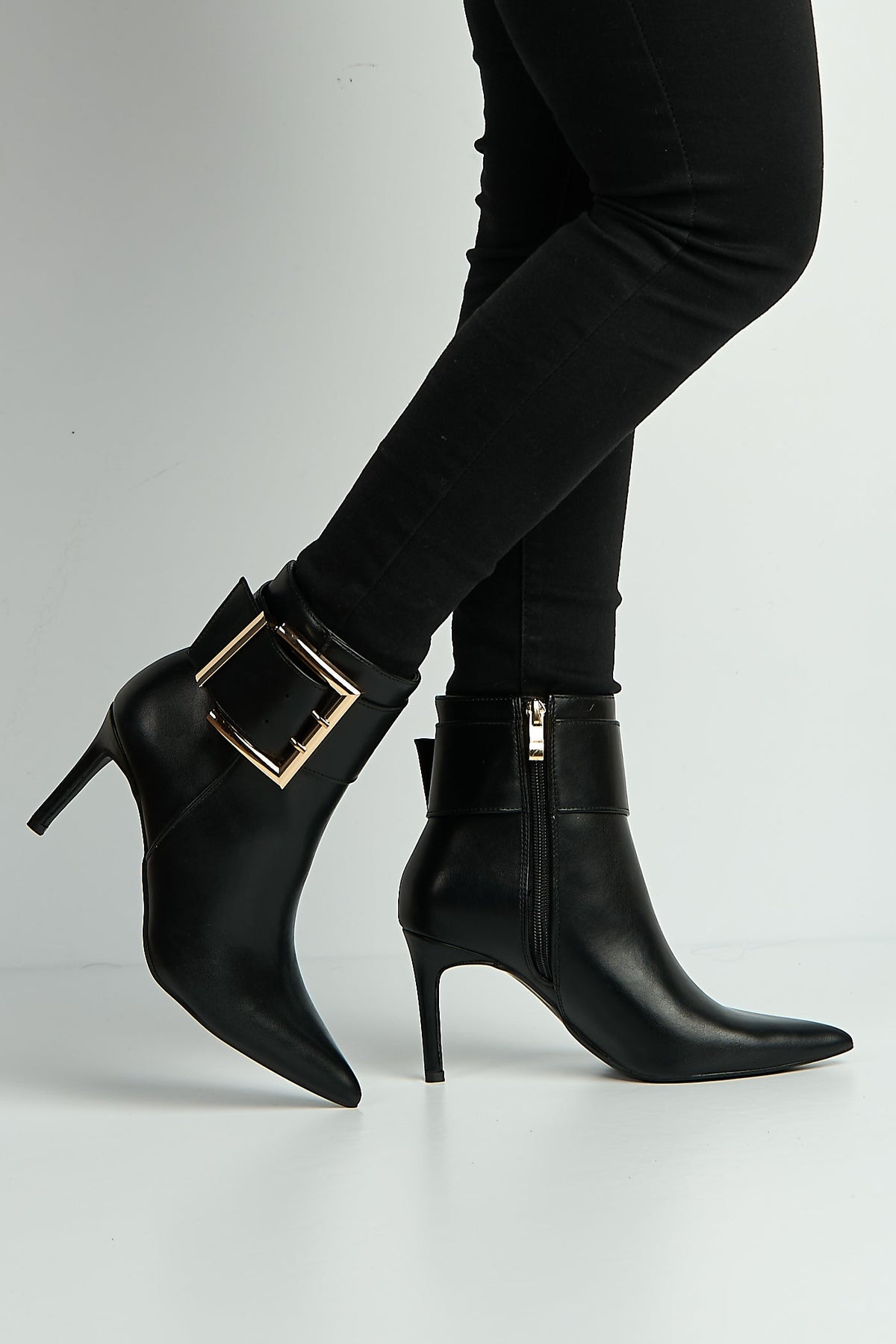 Pointed toe stiletto heel ankle boots with buckle for women