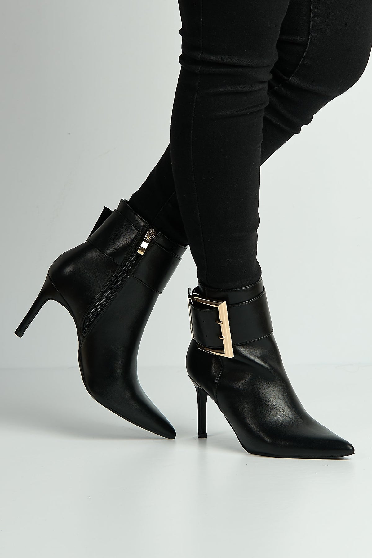 Pointed toe stiletto heel ankle boots with buckle for women