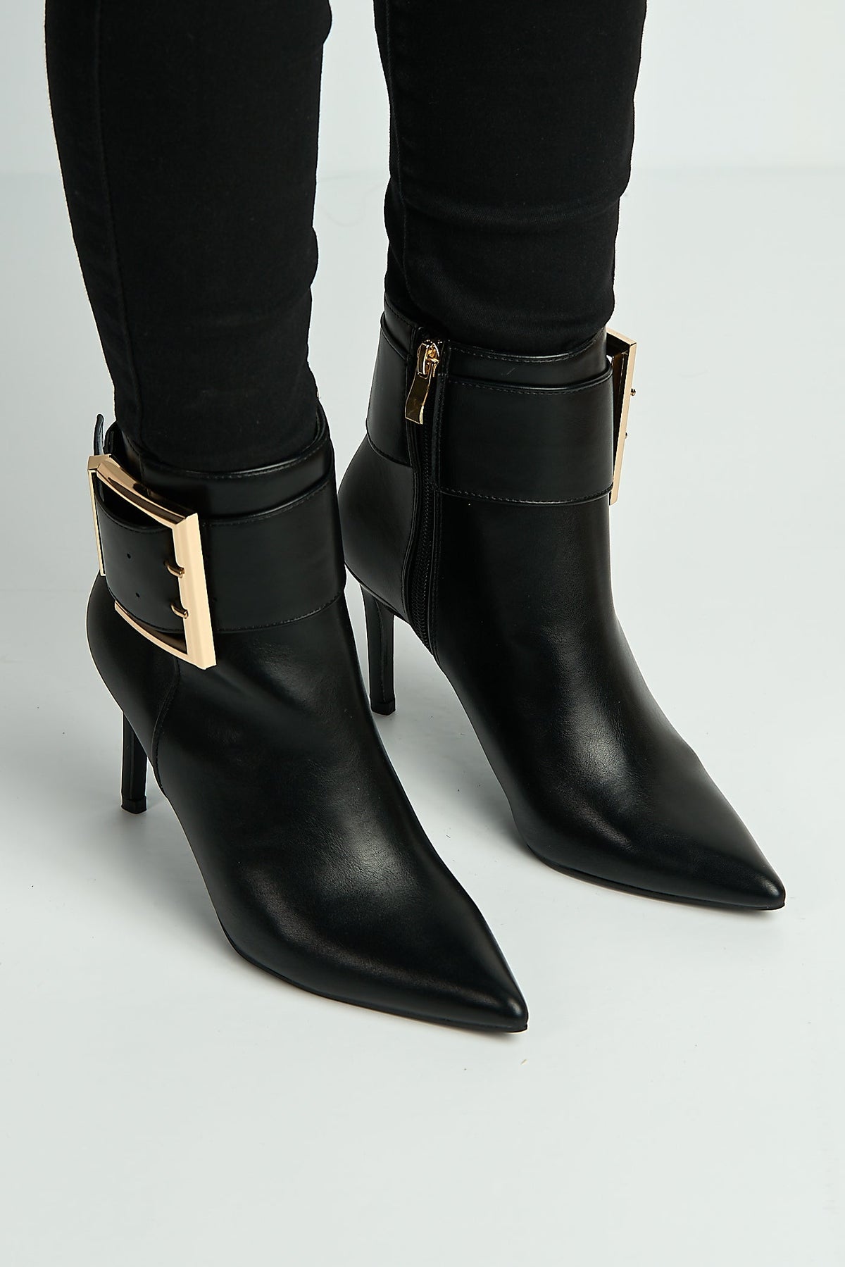 Pointed toe stiletto heel ankle boots with buckle for women