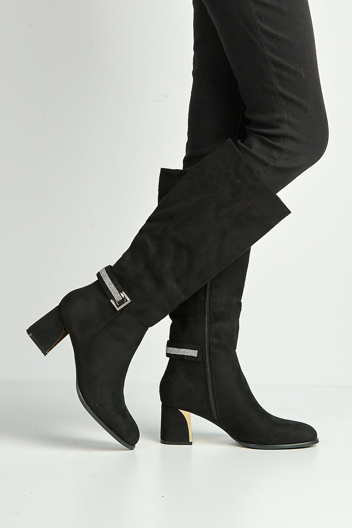 Knee high boots for women with block heel and rhinestone trim
