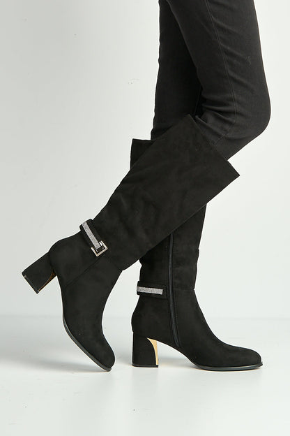 Knee high boots for women with block heel and rhinestone trim