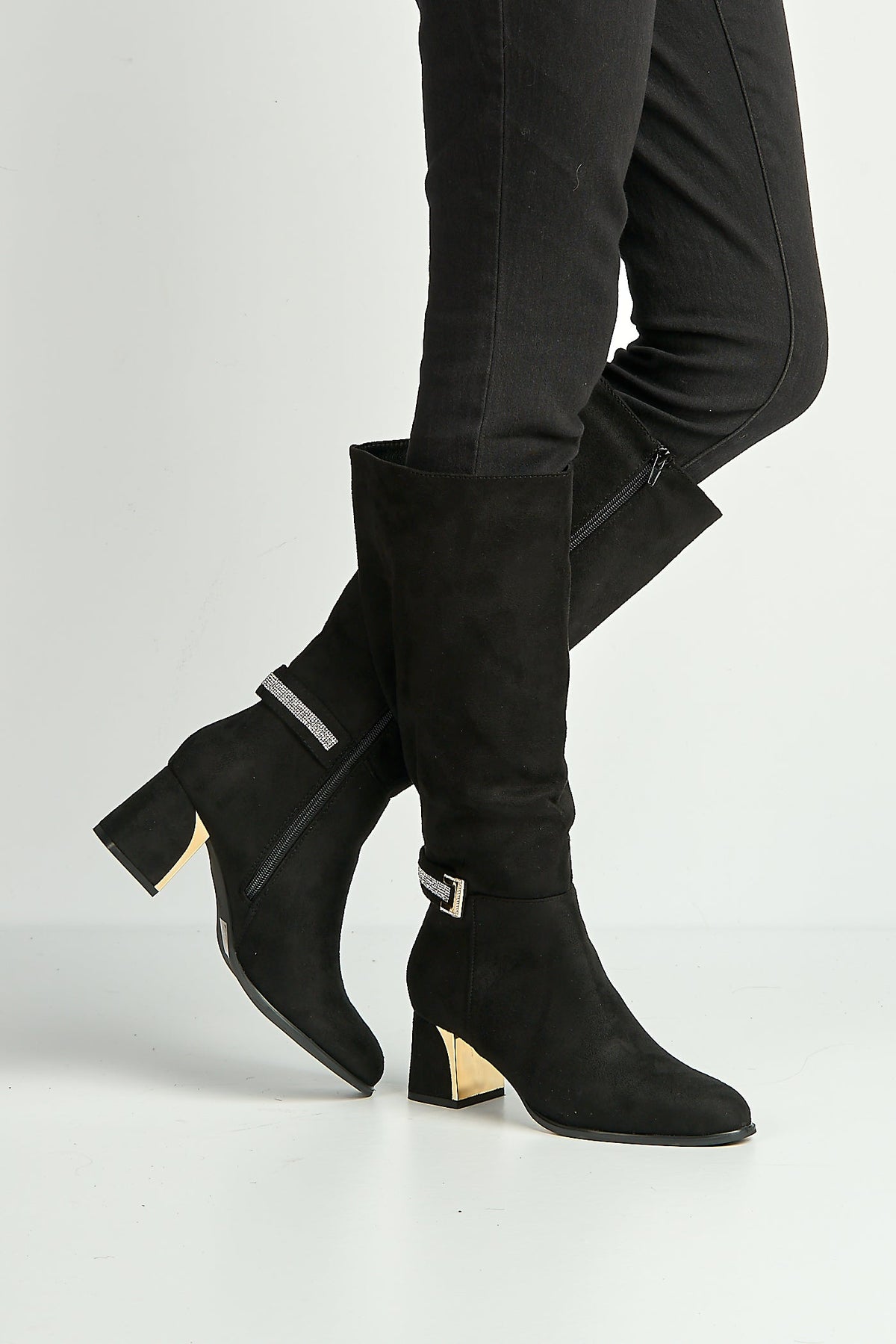 Knee high boots for women with block heel and rhinestone trim