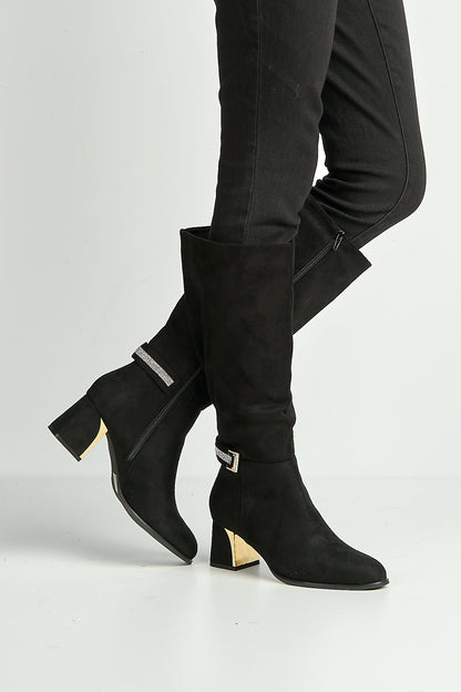 Knee high boots for women with block heel and rhinestone trim