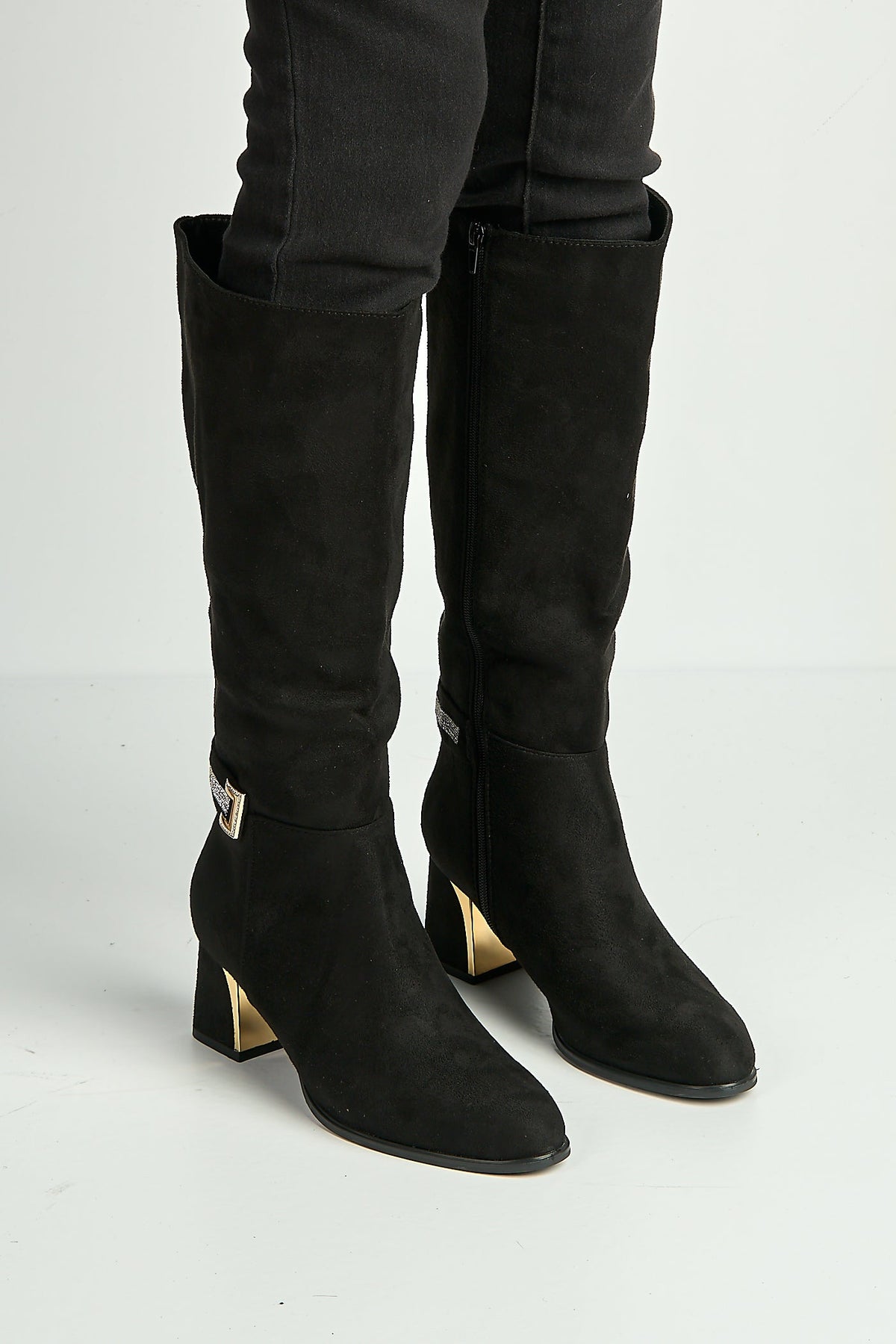 Knee high boots for women with block heel and rhinestone trim