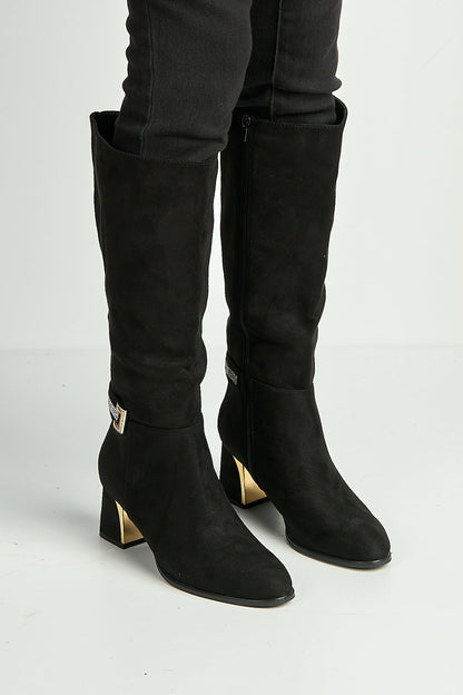 Knee high boots for women with block heel and rhinestone trim
