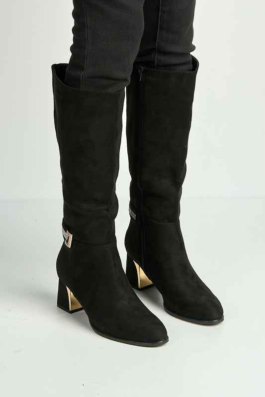 Knee high boots for women with block heel and rhinestone trim