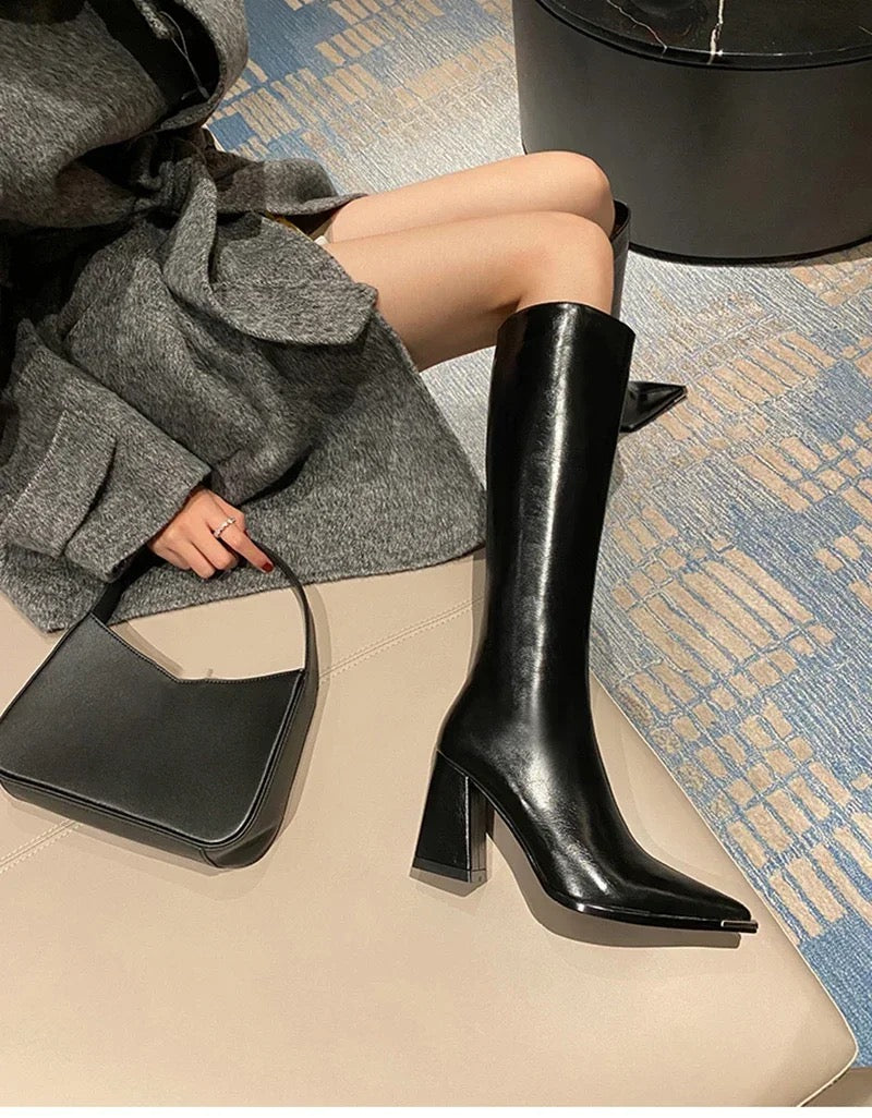 Knee high boots for women with pointed toe and block heel
