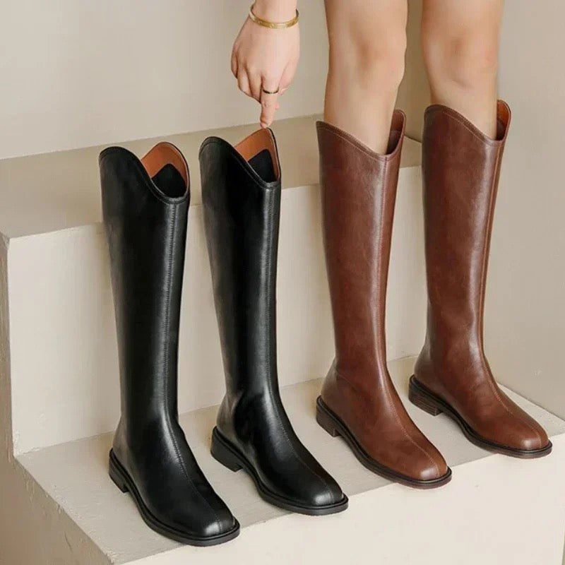 Knee high boots for women with low heel and square toe