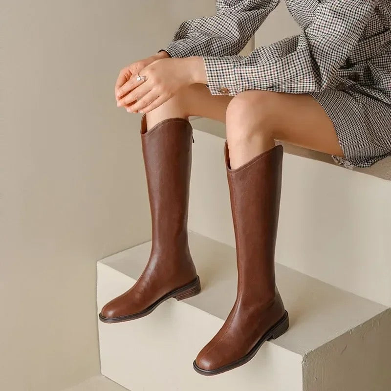 Knee high boots for women with low heel and square toe
