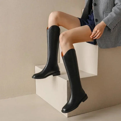 Knee high boots for women with low heel and square toe